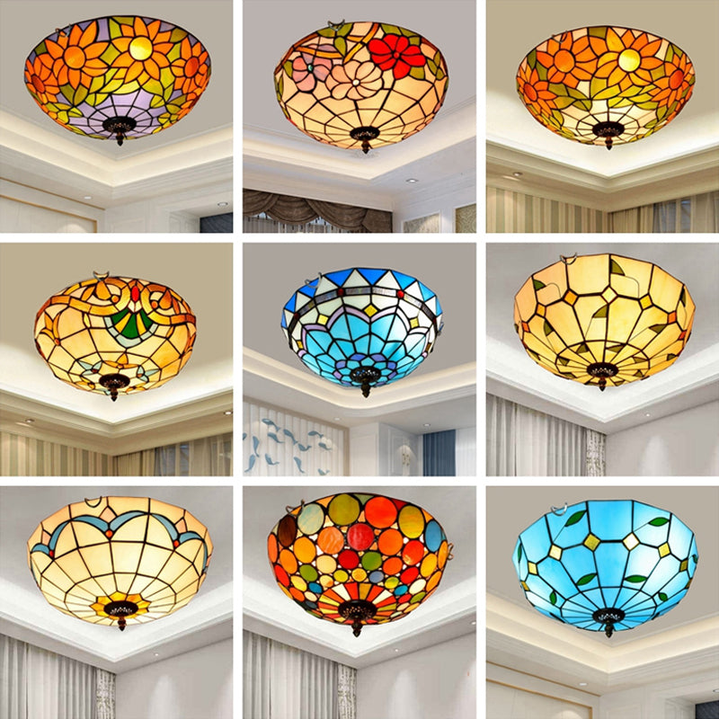 Stained Art Glass Flush Mount Ceiling Light With Traditional Bowl Shade