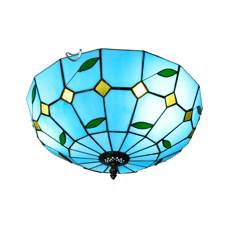 Stained Art Glass Flush Mount Ceiling Light With Traditional Bowl Shade