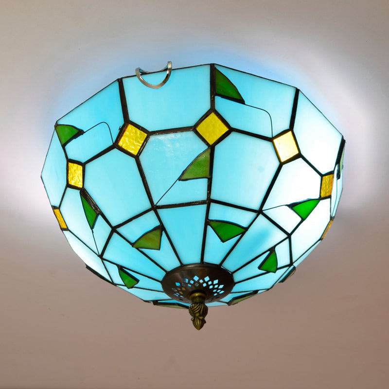 Stained Art Glass Flush Mount Ceiling Light With Traditional Bowl Shade Sky Blue / 12