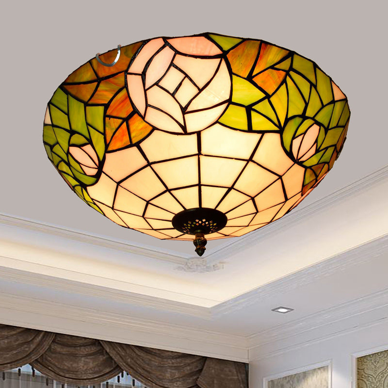 Stained Art Glass Flush Mount Ceiling Light With Traditional Bowl Shade Green / 16