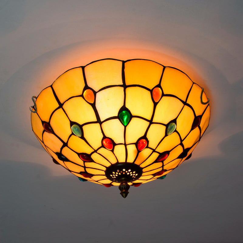 Stained Art Glass Flush Mount Ceiling Light With Traditional Bowl Shade Lemon Yellow / 12’