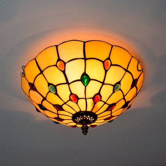 Stained Art Glass Flush Mount Ceiling Light With Traditional Bowl Shade Lemon Yellow / 12’