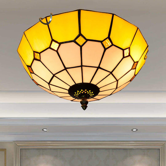 Stained Art Glass Flush Mount Ceiling Light With Traditional Bowl Shade Yellow / 12