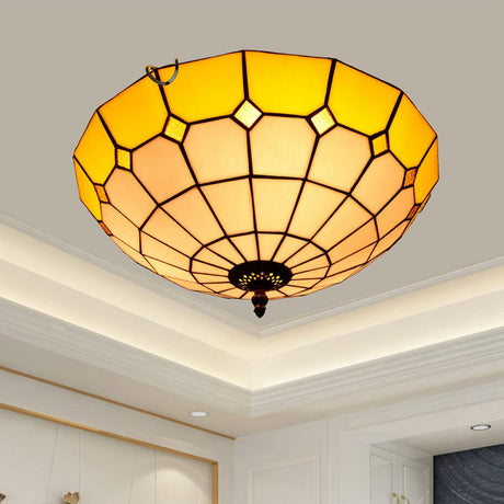 Stained Art Glass Flush Mount Ceiling Light With Traditional Bowl Shade Yellow / 16