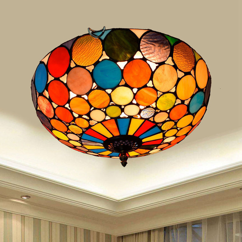 Stained Art Glass Flush Mount Ceiling Light With Traditional Bowl Shade Red / 16