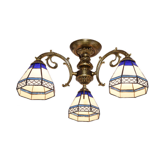 Tiffany Style Ceiling Light - Blue Stained Glass Bell Shade Semi Flush Mount Fixture With 3 Heads