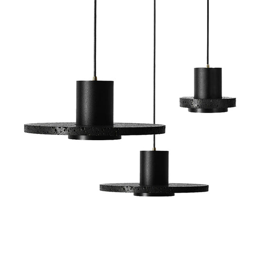 Terrazzo Single-Bulb Black Hat Hanging Lamp - Flat Round Ceiling Lighting With Simplicity