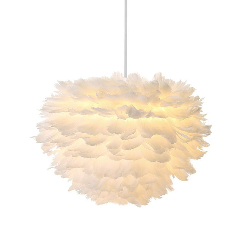 Nordic Style Feather Round Pendant Ceiling Light In White - Single-Bulb Suspension Lighting