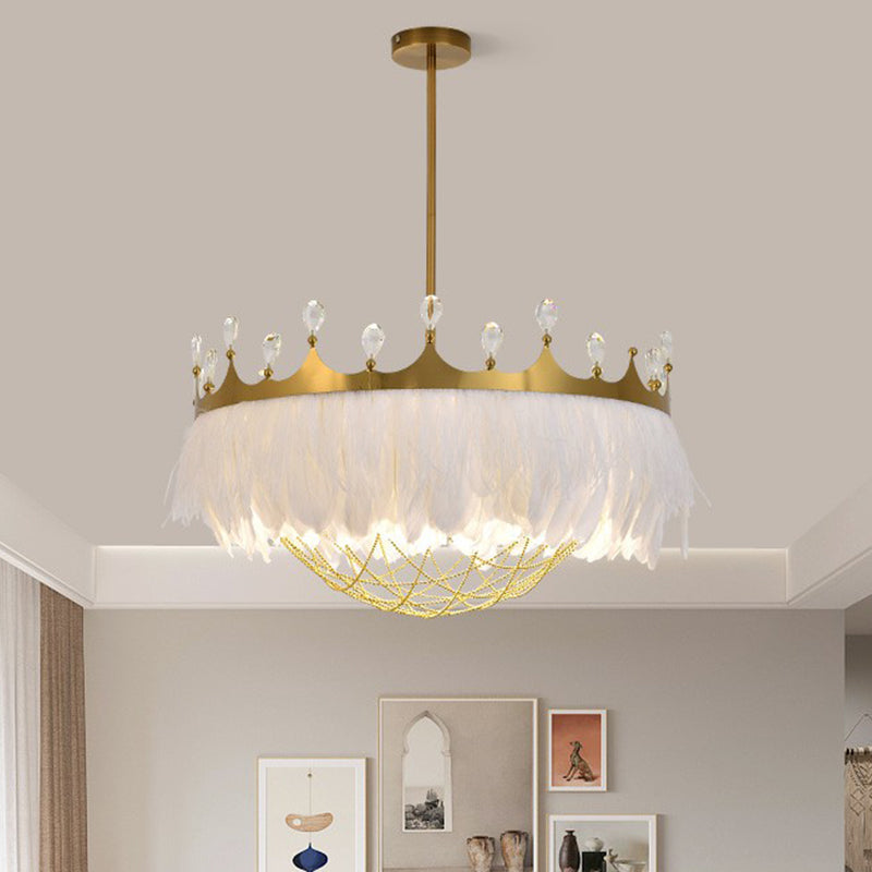 Crown Feather Ceiling Light With Crystal For Girls’ Bedroom