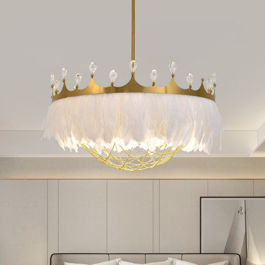 Crown Feather Ceiling Light With Crystal For Girls’ Bedroom