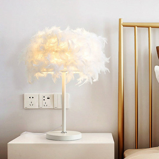 Feathered Round Nightstand Lamp - Single-Bulb Simplicity For Girls Bedside Table