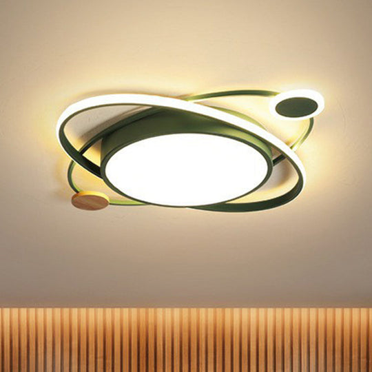 Macaron Led Orbit Flush Mount Lighting For Kids Bedroom Ceiling - Metallic Color Green / Small White