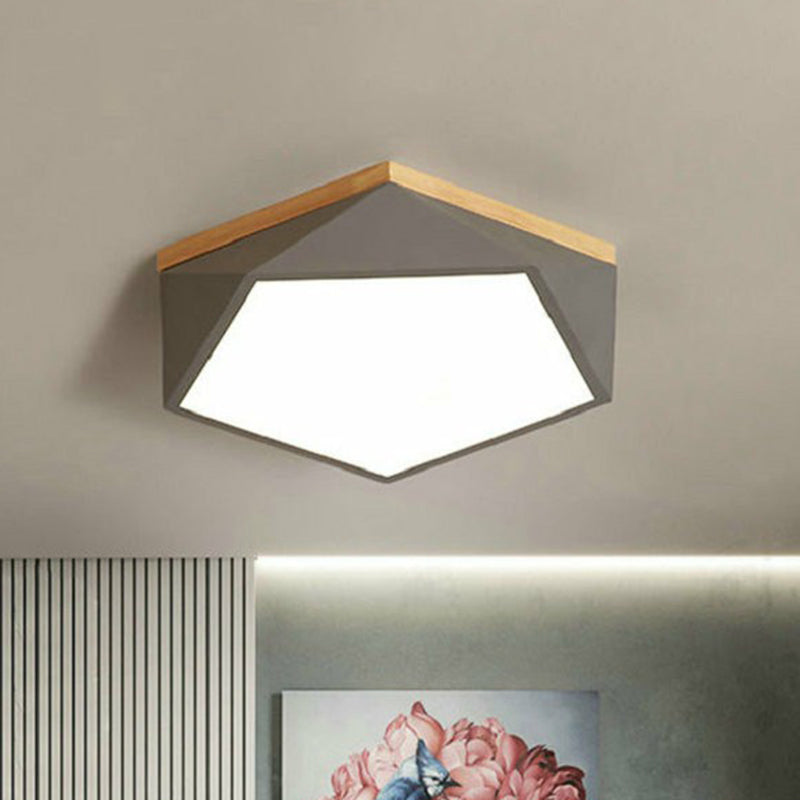 Metallic Macaron Led Flush Ceiling Light With Faceted Pentagon Design And Wooden Canopy Grey / Small
