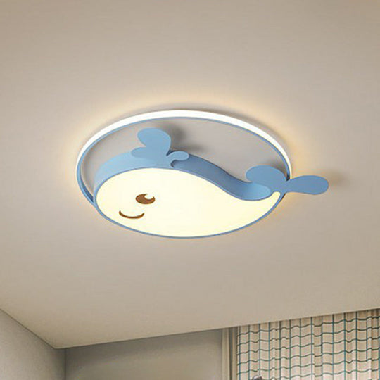 Dolphin-Shaped Led Flush Ceiling Light For Kids Bedroom In Metallic Finish Blue / White