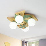 Windmill Kids Wooden Flush Mount Light With Sphere Opal Glass Shade - Nordic 4-Head Fixture Green