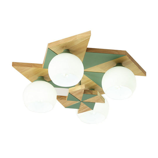 Windmill Kids Wooden Flush Mount Light With Sphere Opal Glass Shade - Nordic 4 - Head Fixture