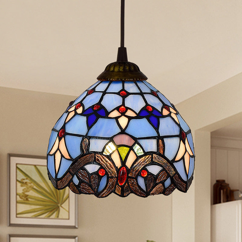 Shaded Tiffany Glass Pendant Light - Elegant 1-Bulb Suspension Fixture For Corridor Royal Blue
