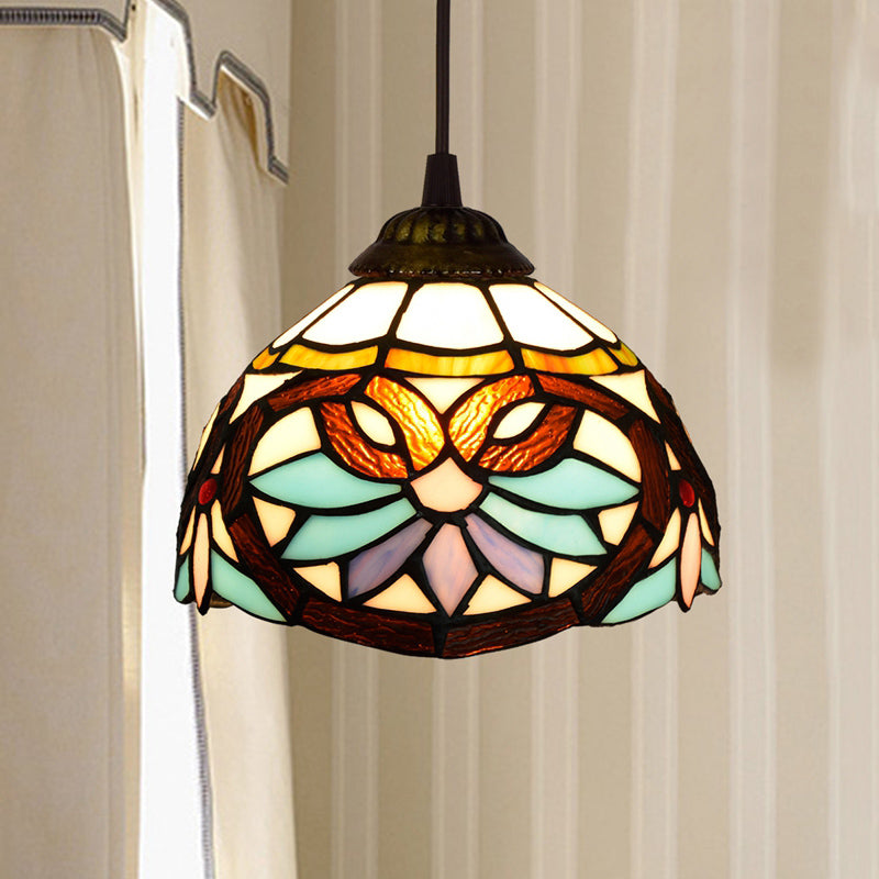 Shaded Tiffany Glass Pendant Light - Elegant 1-Bulb Suspension Fixture For Corridor Khaki