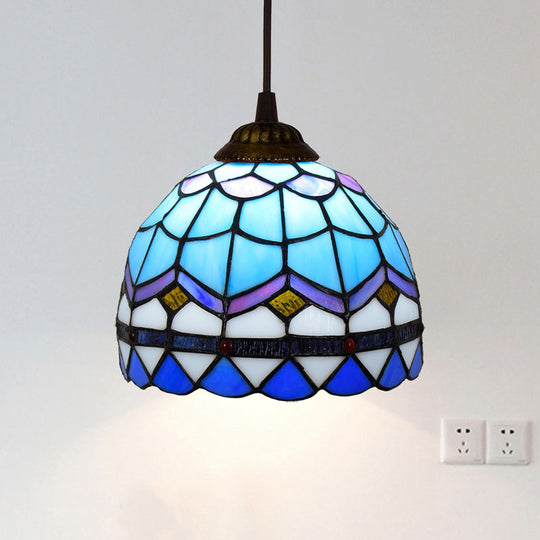 Shaded Tiffany Glass Pendant Light - Elegant 1-Bulb Suspension Fixture For Corridor Sky Blue