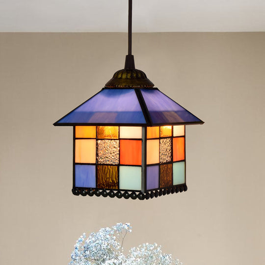 Shaded Tiffany Glass Pendant Light - Elegant 1-Bulb Suspension Fixture For Corridor Dark Blue