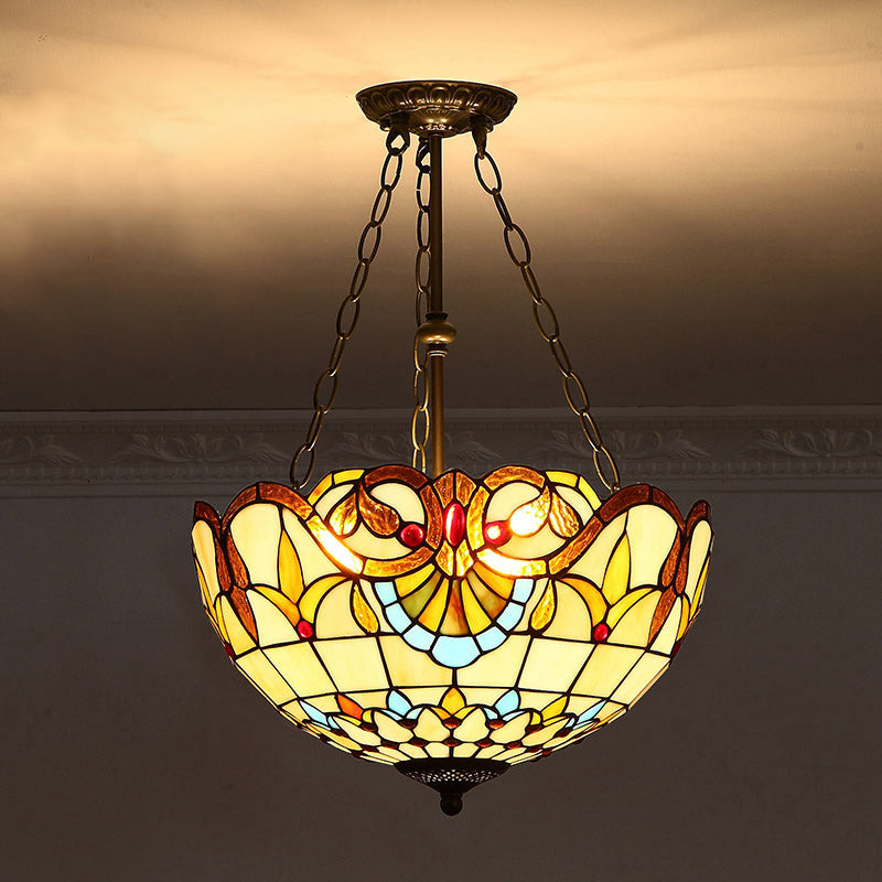 Tiffany-Style Stained Glass Pendant Ceiling Light - Bowl Shade Suspension Lighting Khaki