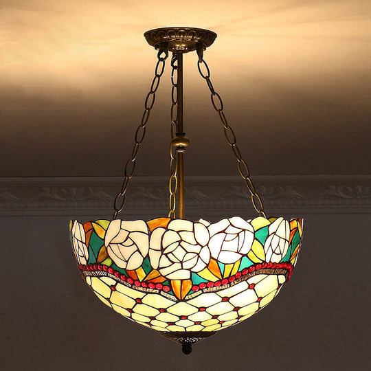 Tiffany-Style Pendant Light With Stained Art Glass Bowl Shade For Ceiling Suspension Apricot