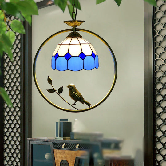 Vintage Stained Glass Pendant Light With Scalloped Dome Design Lake Blue / B