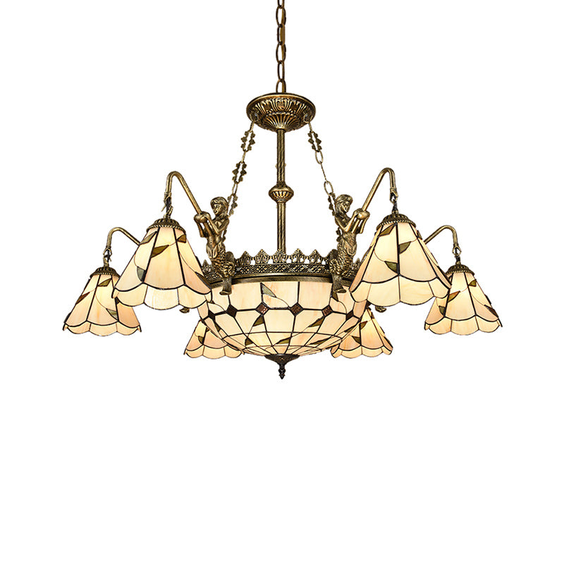 Hand Cut Glass Beige Chandelier With Scalloped Edge - Classic Pendant Light Fixture