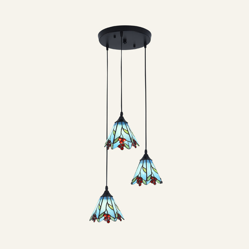 Tiffany-Style Handcrafted Glass Ceiling Lamp With Bell Design - 3-Bulb Suspension Light Blue / Round