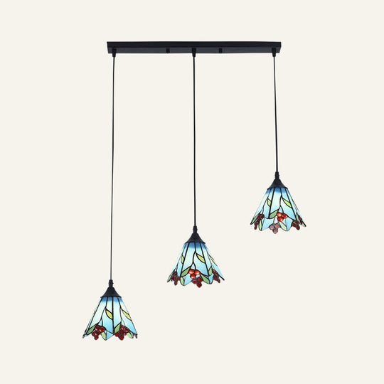 Tiffany-Style Handcrafted Glass Ceiling Lamp With Bell Design - 3-Bulb Suspension Light Blue /