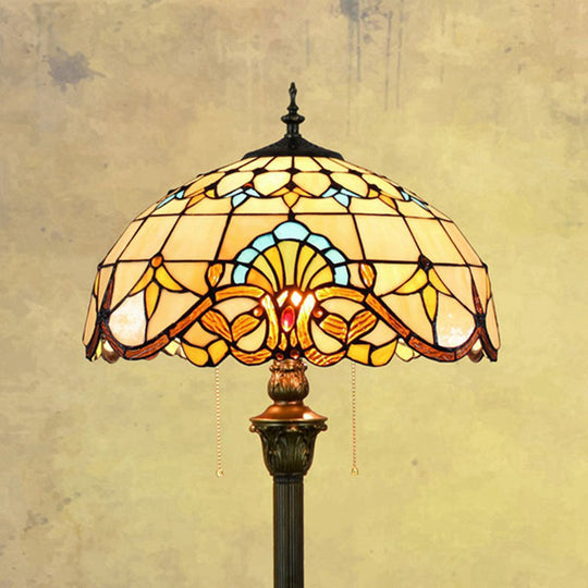 Baroque Brown Stained Glass Floor Lamp With Scalloped Dome Design Dual Heads Pull Chain - Ideal For