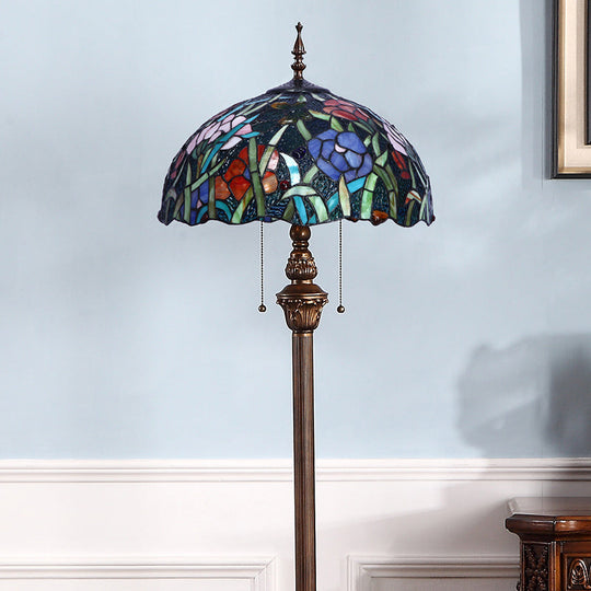 Green Stained Glass Bowl Pull Chain Floor Lamp - 2 Heads Stand Decorative Flower Light