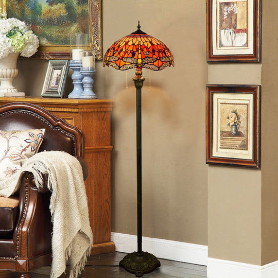 Traditional Stained Glass Dragonfly Standing Lamp With 2 Bulbs And Pull Chain - Floor Light In