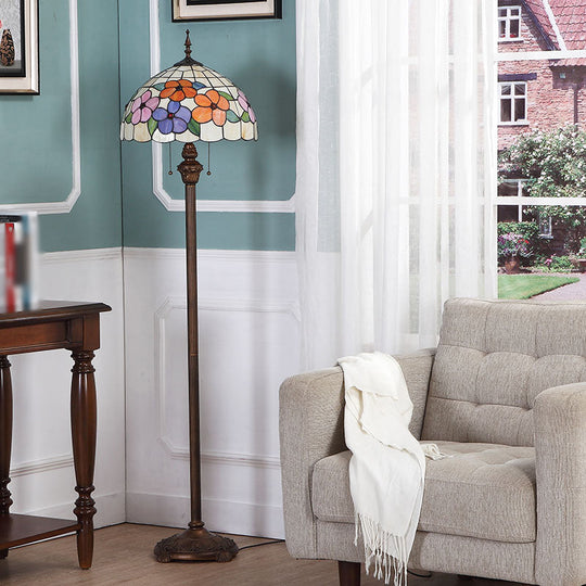 Vintage Beige Stained Glass Stand Up Lamp With Pull Chain - 2 Bulb Flower Floor Lighting For Living