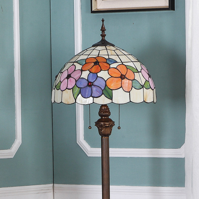 Vintage Beige Stained Glass Stand Up Lamp With Pull Chain - 2 Bulb Flower Floor Lighting For Living
