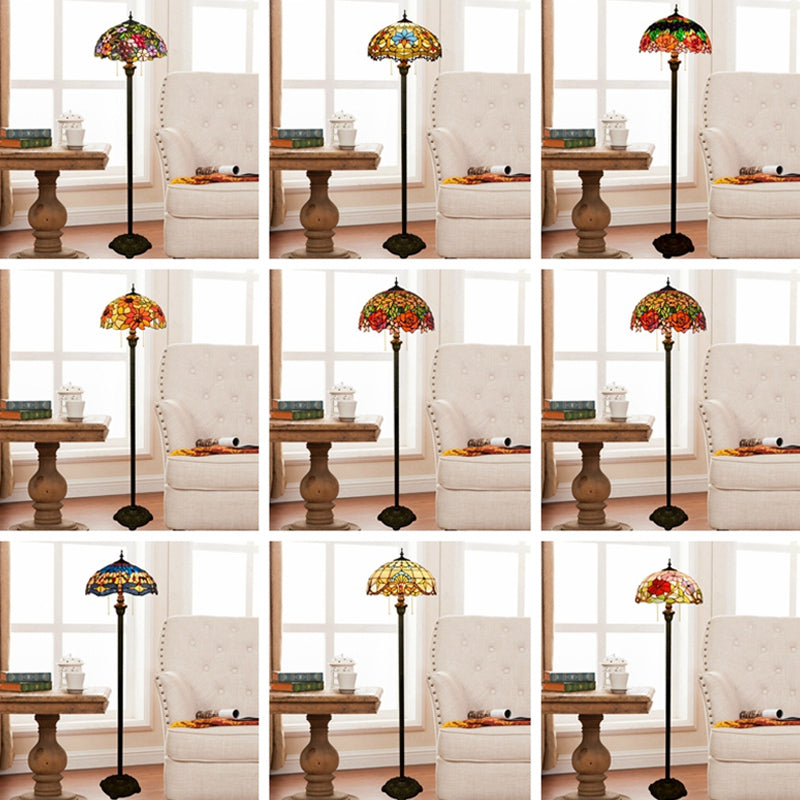 Tiffany Dome Shade Floor Lamp - Handcrafted Glass Pull Chain 2 Bulbs