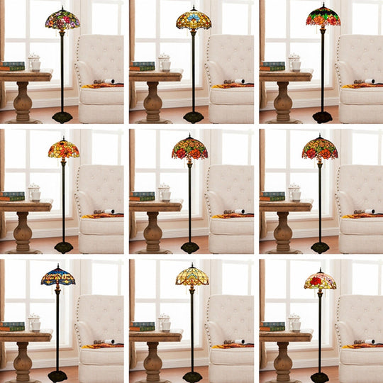 Tiffany Dome Shade Floor Lamp - Handcrafted Glass Pull Chain 2 Bulbs