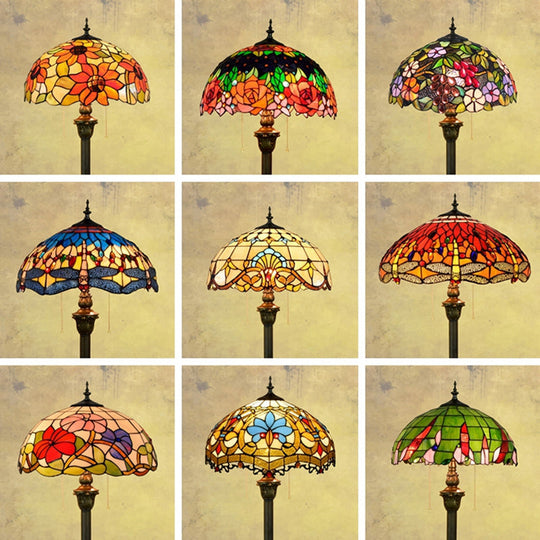 Tiffany Dome Shade Floor Lamp - Handcrafted Glass Pull Chain 2 Bulbs