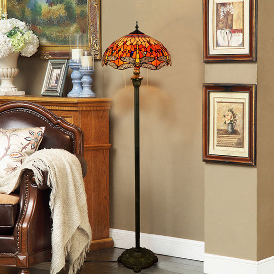 Tiffany Dome Shade Floor Lamp - Handcrafted Glass Pull Chain 2 Bulbs Red