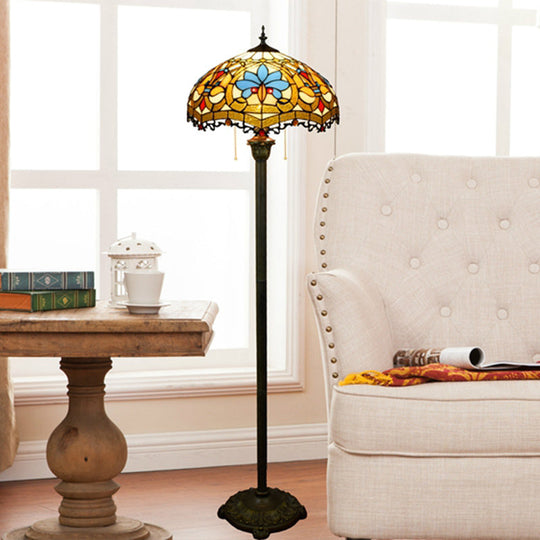 Tiffany Dome Shade Floor Lamp - Handcrafted Glass Pull Chain 2 Bulbs Gold