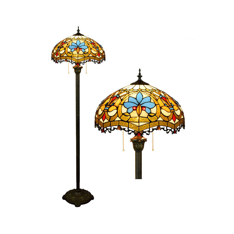 Tiffany Dome Shade Floor Lamp - Handcrafted Glass Pull Chain 2 Bulbs
