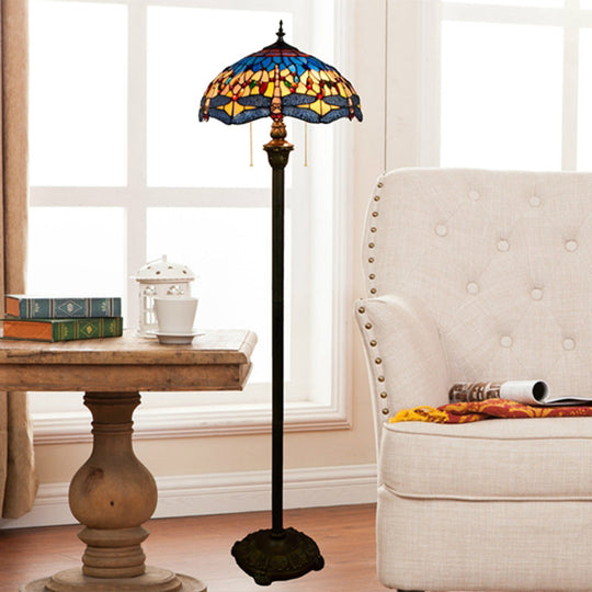Tiffany Dome Shade Floor Lamp - Handcrafted Glass Pull Chain 2 Bulbs Dark Blue