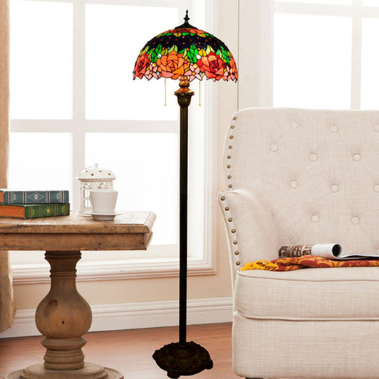 Tiffany Dome Shade Floor Lamp - Handcrafted Glass Pull Chain 2 Bulbs Pink
