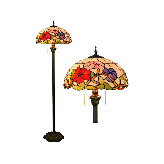 Tiffany Dome Shade Floor Lamp - Handcrafted Glass Pull Chain 2 Bulbs