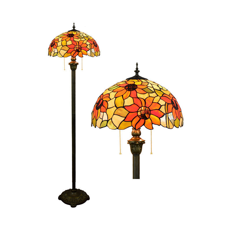 Tiffany Dome Shade Floor Lamp - Handcrafted Glass Pull Chain 2 Bulbs