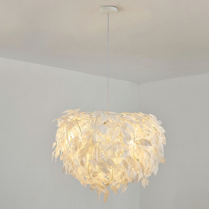 White Feather Hanging Lamp: Round Ceiling Light For Girls’ Bedroom - Simplicity & Style / F