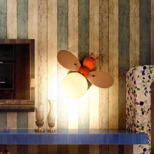 Bee Shaped Child Room Sconce Lighting: Modern Metallic Wall Light With Cream Glass Shade In Yellow