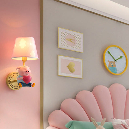 Simplicity Pink Tapered Shade Wall Mounted Light With Decorative Pig Accent 1 /