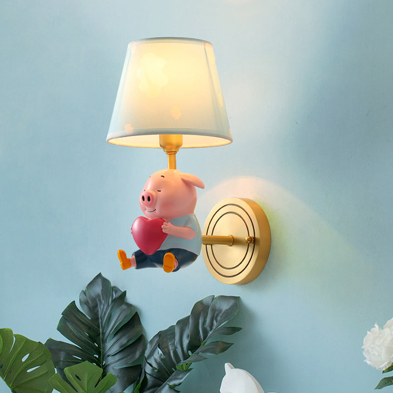 Simplicity Pink Tapered Shade Wall Mounted Light With Decorative Pig Accent