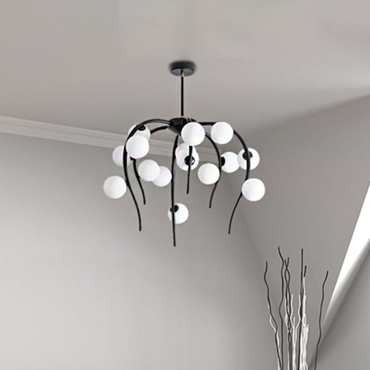 Modern Black/Gold Iron Branch Chandelier With Matte White Balls - 15/20-Light Dining Room Hanging